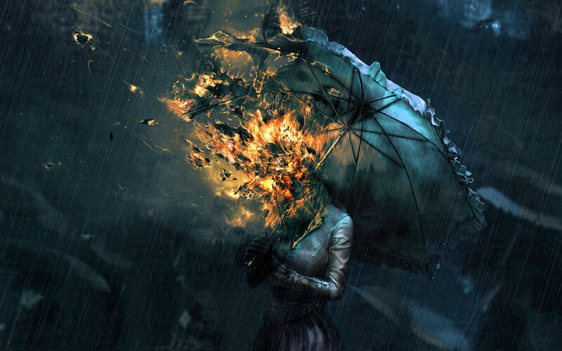 Woman with burning umbrella in rain