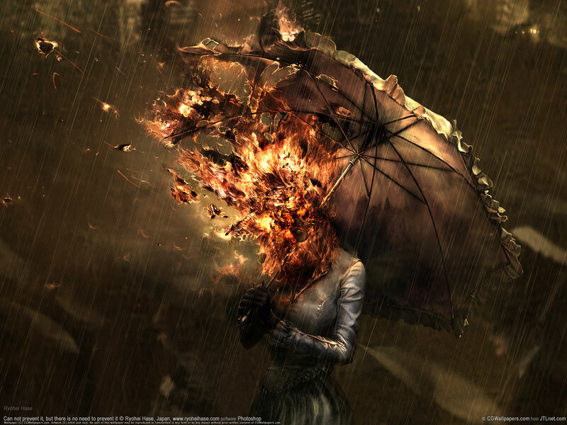 Woman with burning umbrella in rain