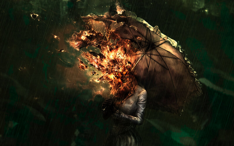 Woman with burning umbrella in rain