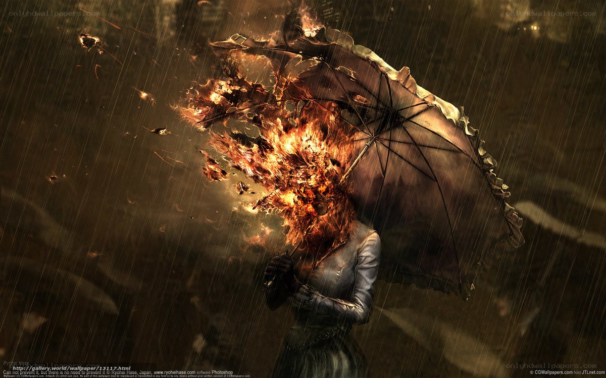 Woman with burning umbrella