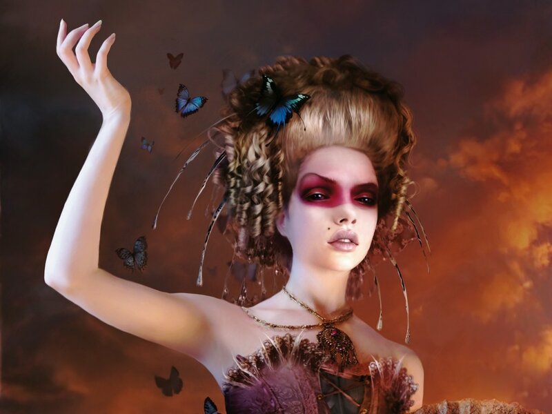 woman with butterflies and dramatic makeup