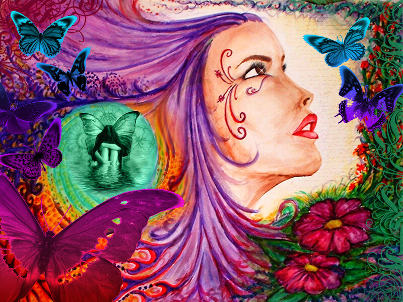 woman with butterflies and flowers
