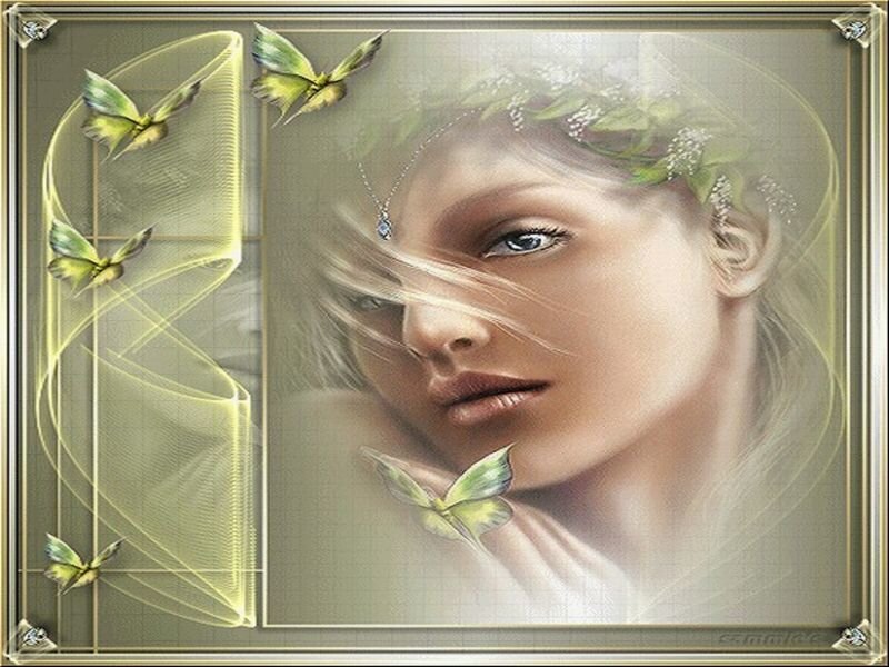 woman with butterflies and leaves
