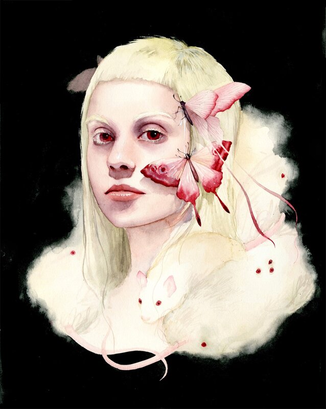 woman with butterflies and mice