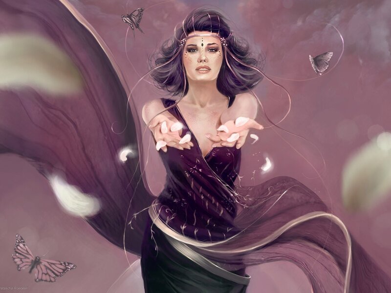 woman with butterflies and petals
