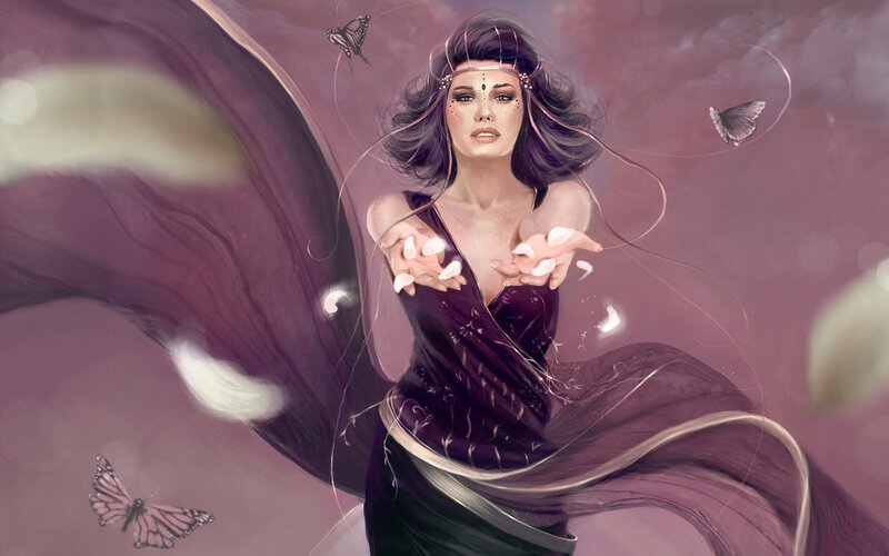 woman with butterflies and petals