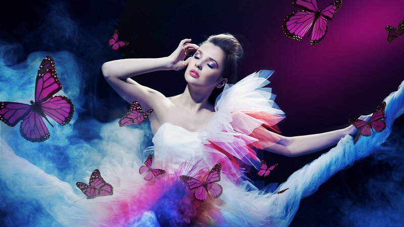 woman with butterflies and smoke