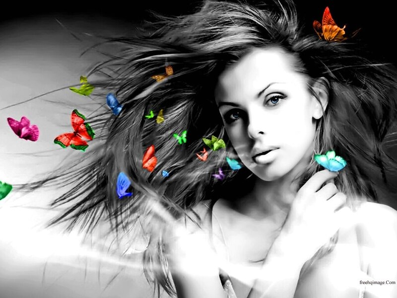 Woman with Butterflies — Black, Dramatic, Digital Art, Hair, Hand