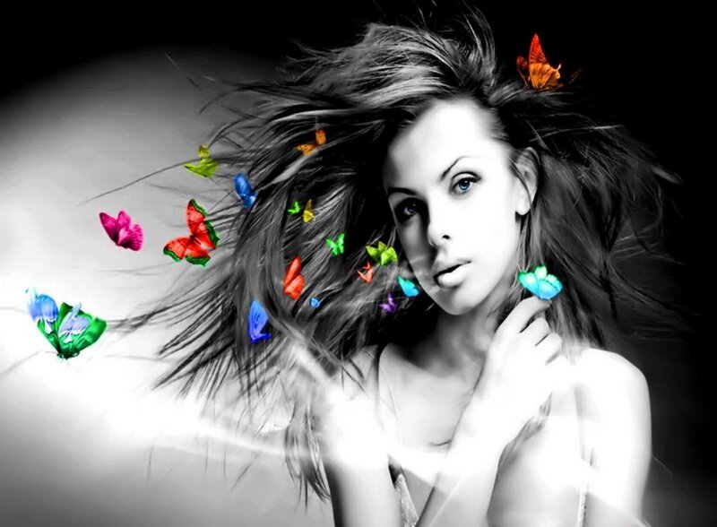 Woman with Butterflies — Black, Dramatic, Digital Art, Hair