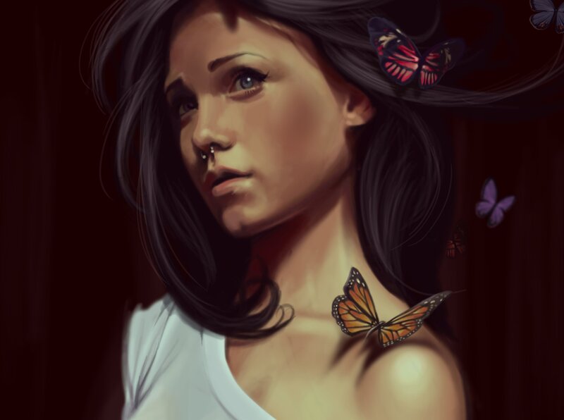 Woman with Butterflies — Black, Dramatic, Digital Art, Nose Ring