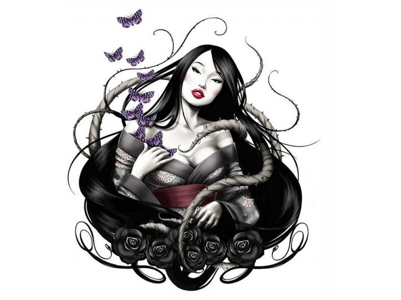 Woman with Butterflies — Black, Dramatic, Digital Art