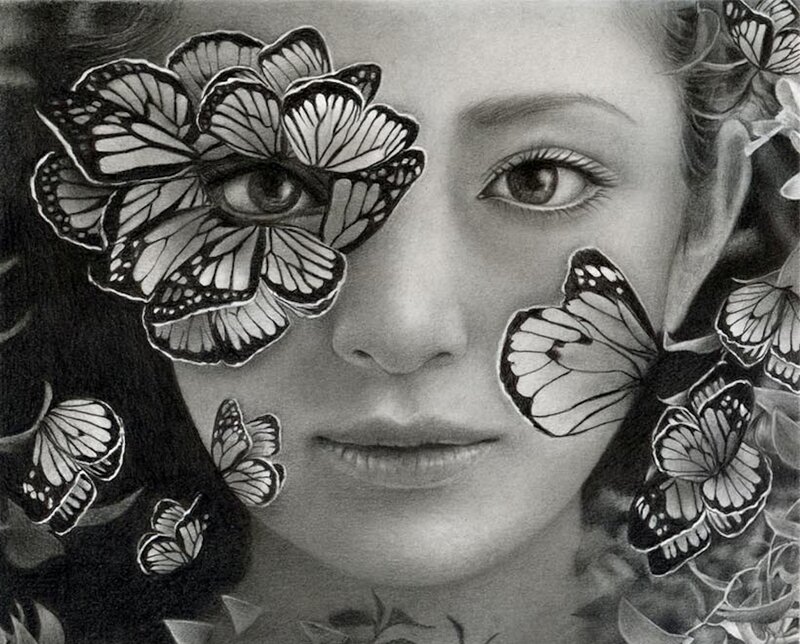 Woman with Butterflies — Black, Dreamy, Illustration, Eyes