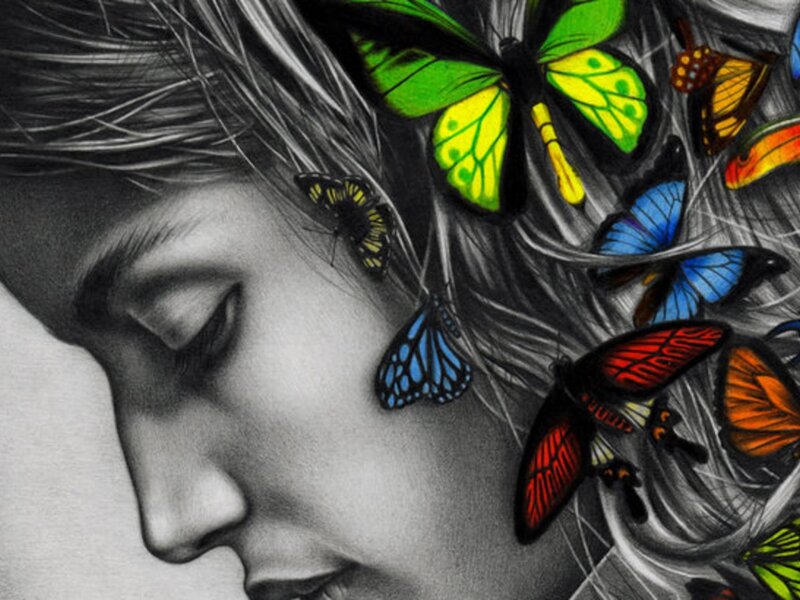 Woman with Butterflies — Black, Serene