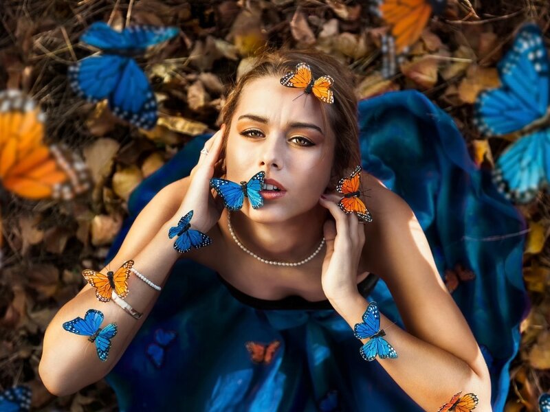 Woman with Butterflies — Blue, Dramatic, Autumn