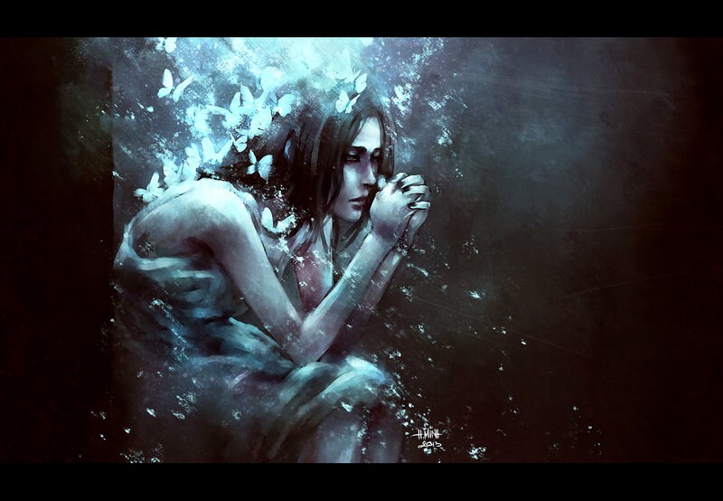 Woman with Butterflies — Blue, Dramatic, Digital Art