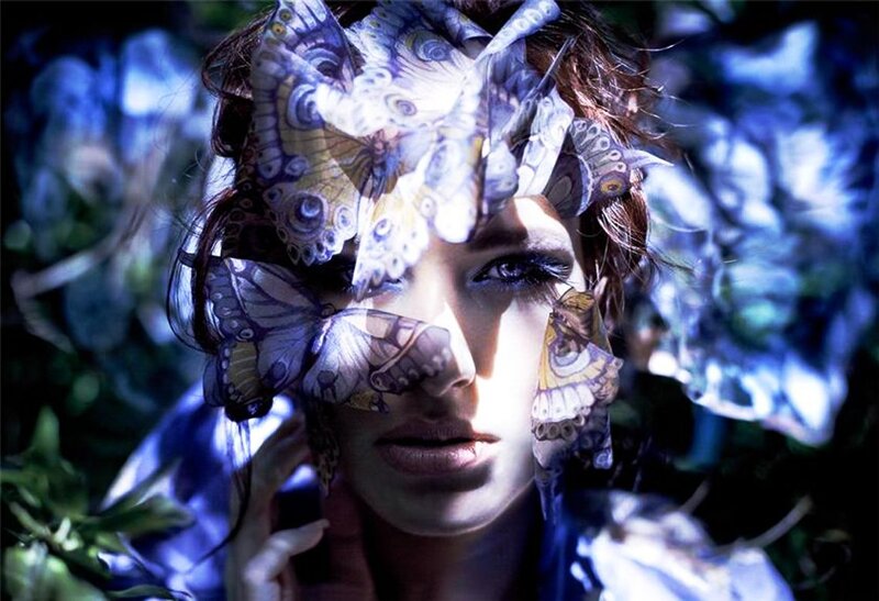 Woman with Butterflies — Blue, Dramatic, Photograph
