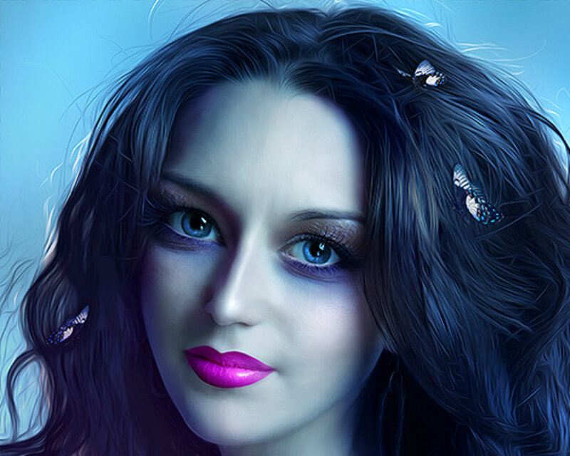 Woman with Butterflies — Blue, Dreamy, Digital Art, Blue Eyes