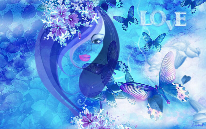 Woman with Butterflies — Blue, Dreamy, Digital Art, Flowers, Text