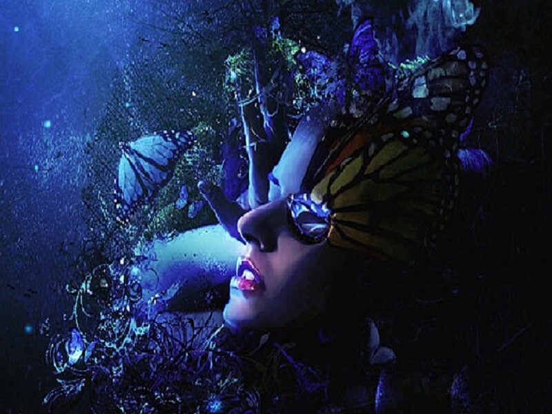 Woman with Butterflies — Blue, Dreamy, Night, Digital Art, Face