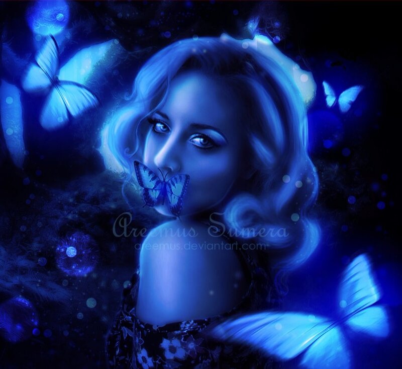 Woman with Butterflies — Blue, Dreamy, Night, Digital Art, Light Effects