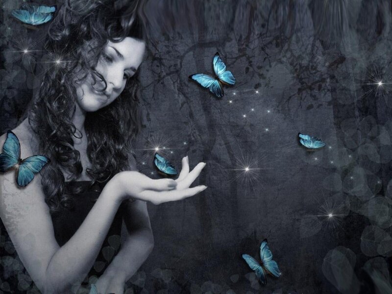 Woman with Butterflies — Blue, Dreamy, Night, Digital Art