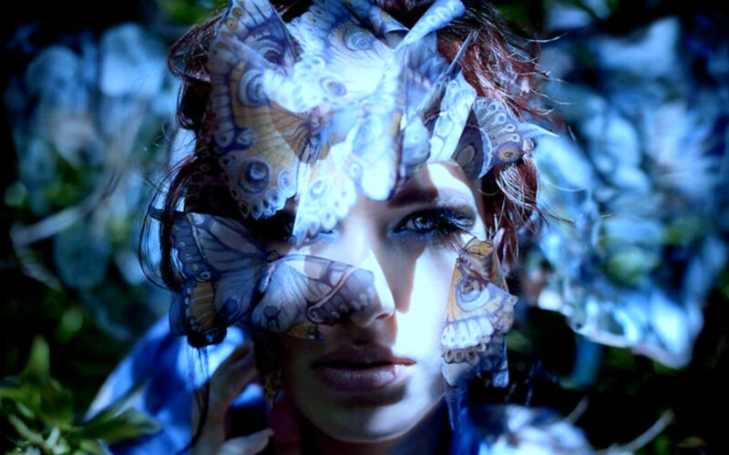 Woman with Butterflies — Blue, Dreamy, Night, Photograph