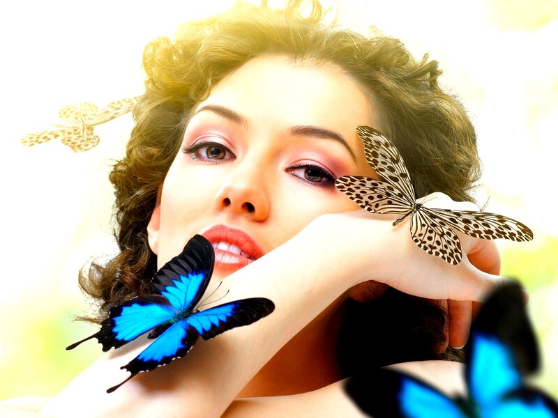 Woman with Butterflies — Blue, Serene, Afternoon, Photograph