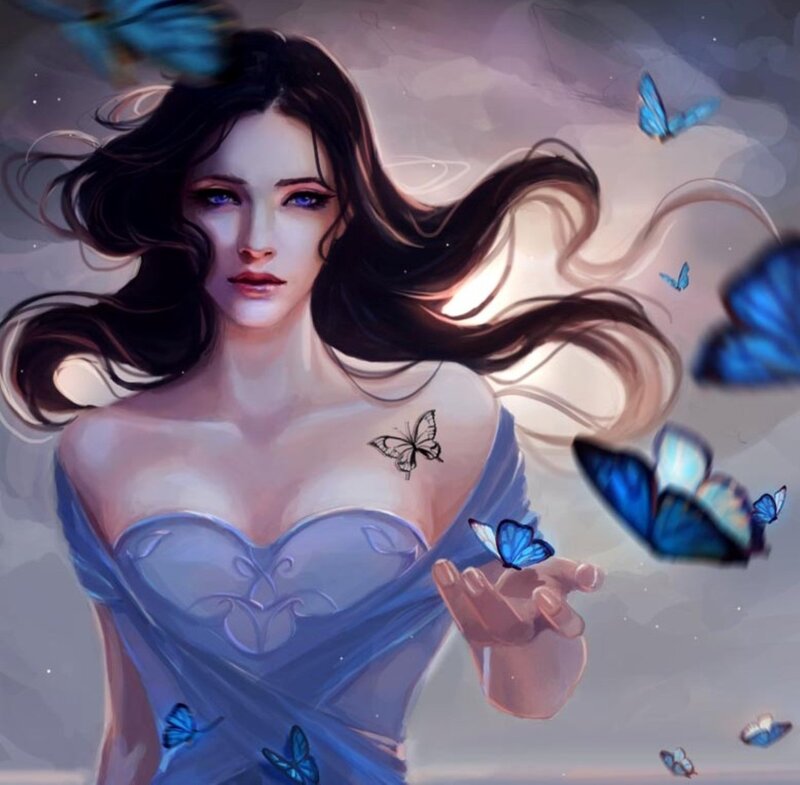 Woman with Butterflies — Blue, Serene, Digital Art, Dress