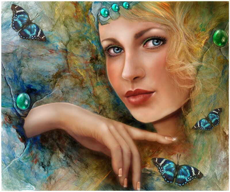 Woman with Butterflies — Blue, Serene, Digital Art, Gemstones