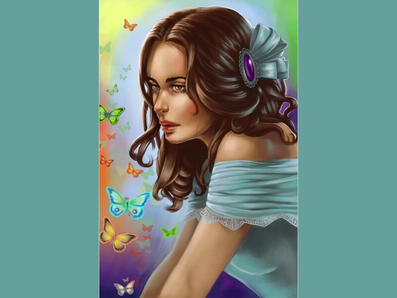 Woman with Butterflies — Blue, Serene, Digital Art