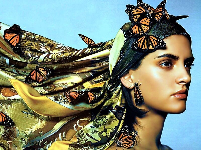 Woman with Butterflies — Blue, Serene