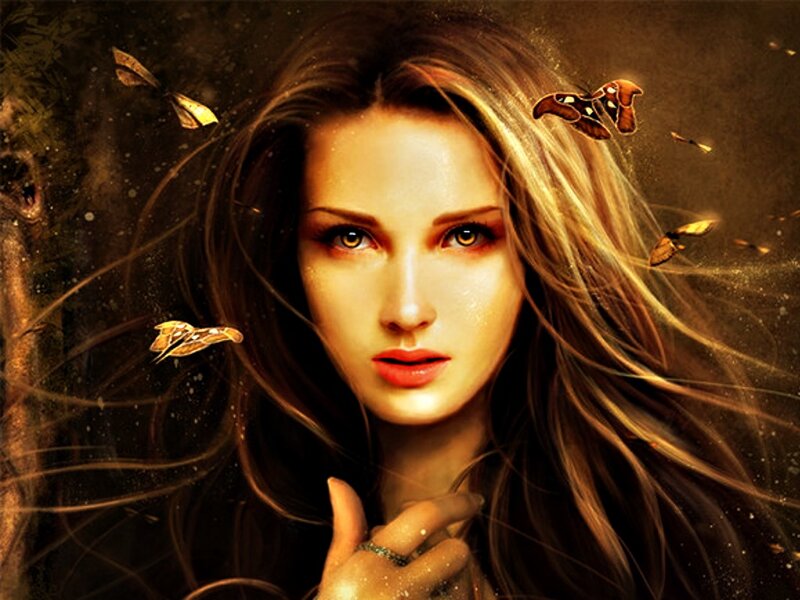 Woman with Butterflies — Brown, Dramatic, Digital Art, Long Hair