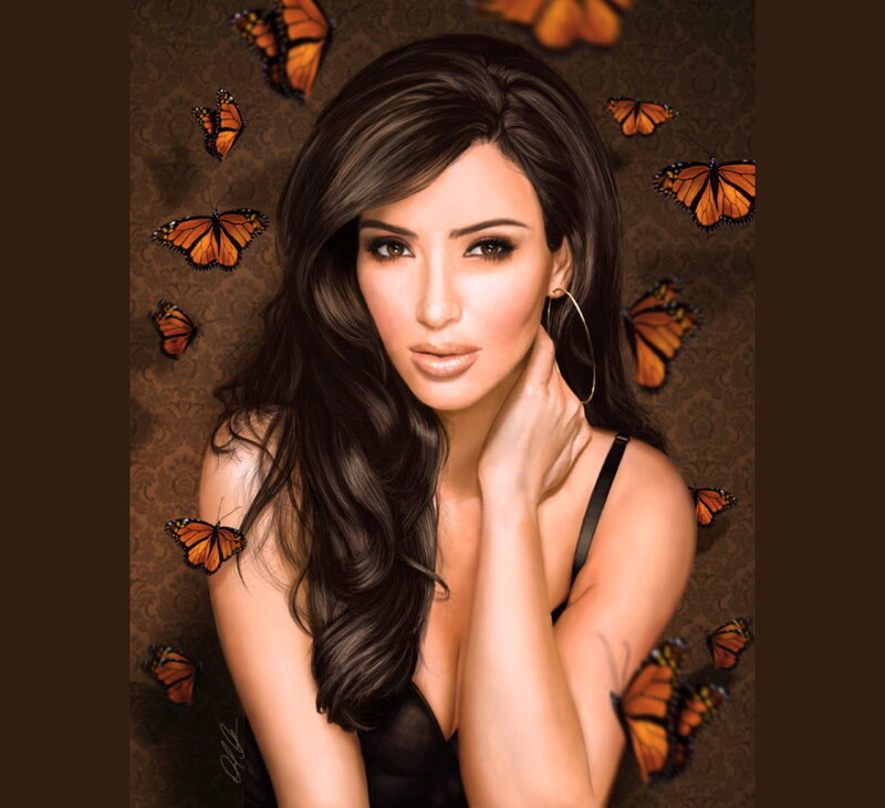 Woman with Butterflies — Brown, Dramatic, Digital Art