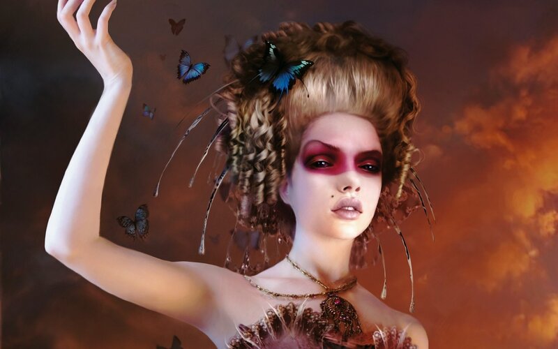Woman with Butterflies — Brown, Dramatic, Sunset, Digital Art, Feathers, Makeup