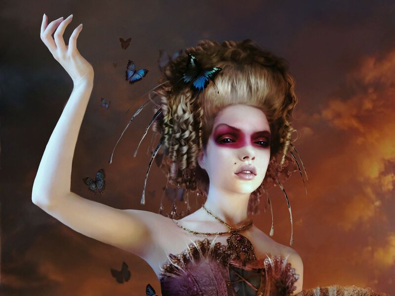 Woman with Butterflies — Brown, Dramatic, Sunset, Digital Art, Makeup