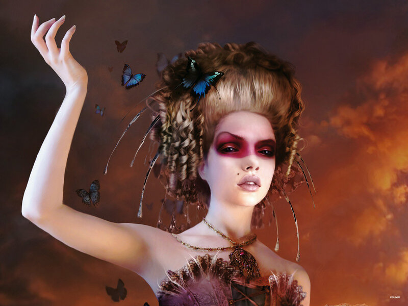 Woman with Butterflies — Brown, Dramatic, Sunset, Digital Art