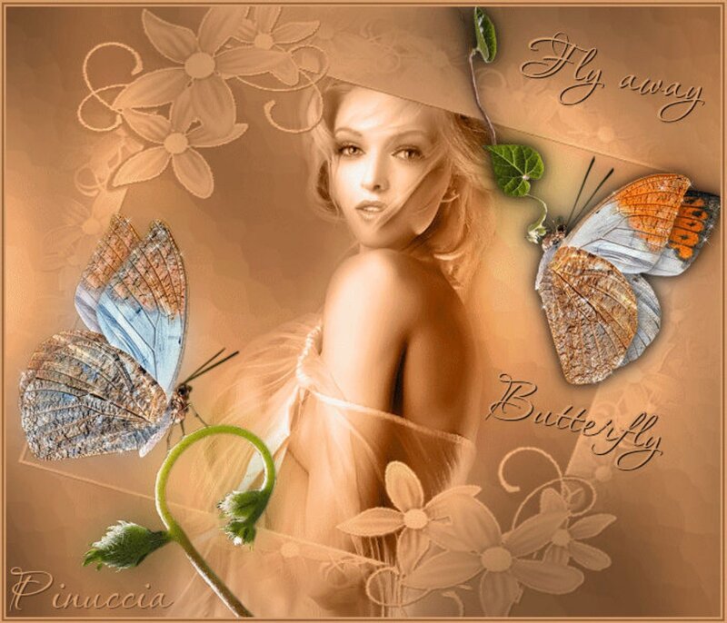 Woman with Butterflies — Brown, Dreamy, Digital Art, Flowers