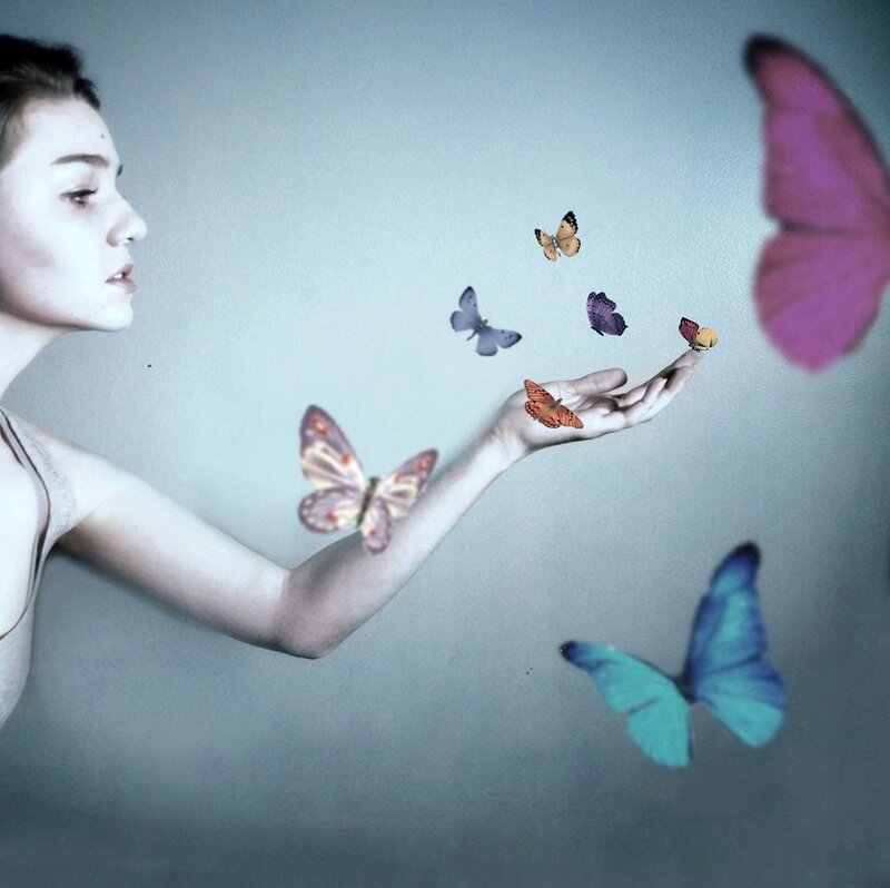Woman with Butterflies — Gray, Serene
