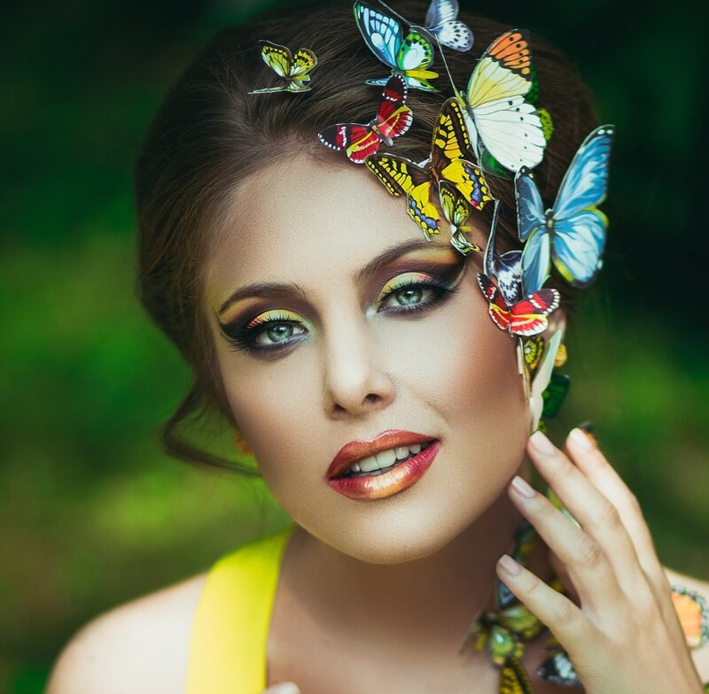 Woman with Butterflies — Green, Dramatic