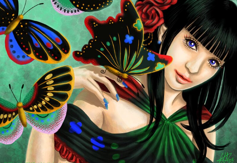 Woman with Butterflies — Green, Dreamy, Digital Art, Rose