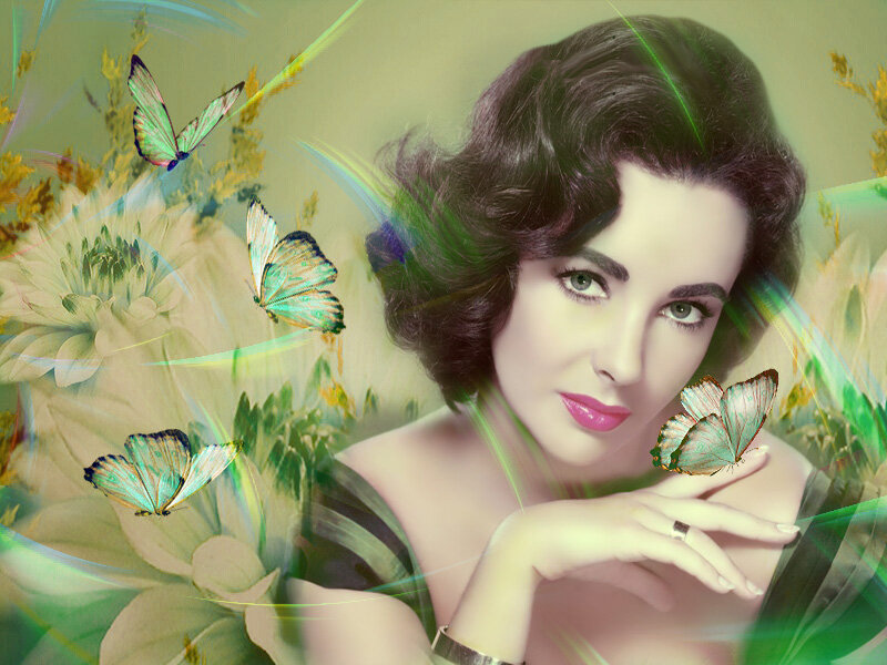 Woman with Butterflies — Green, Dreamy, Digital Art