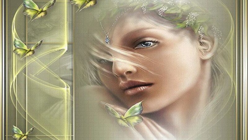 Woman with Butterflies — Green, Serene, Digital Art