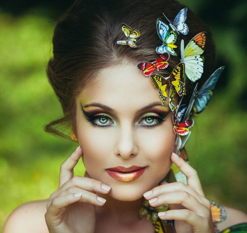 Woman with Butterflies — Green, Serene, Photograph