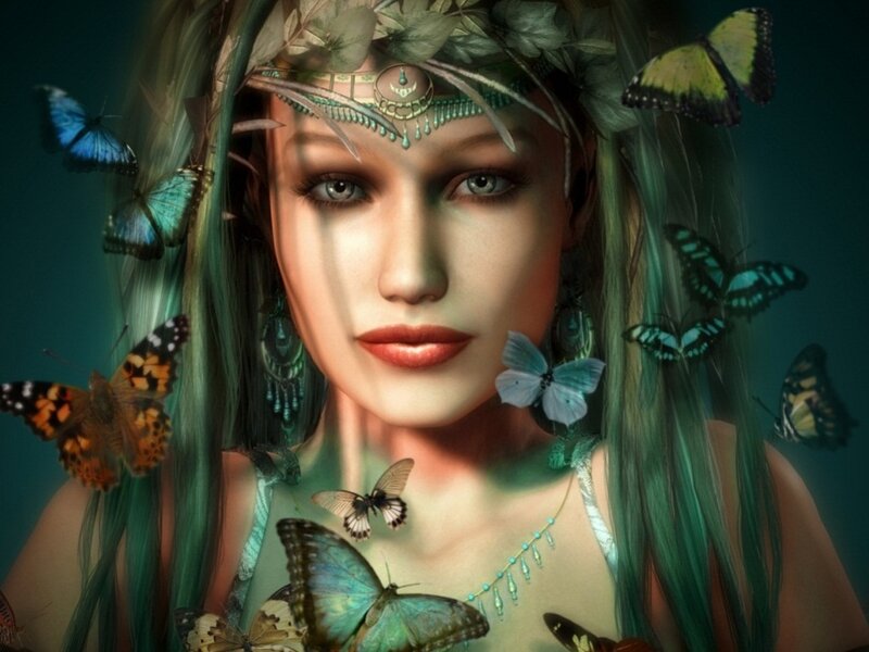 Woman with Butterflies — Green, Serene