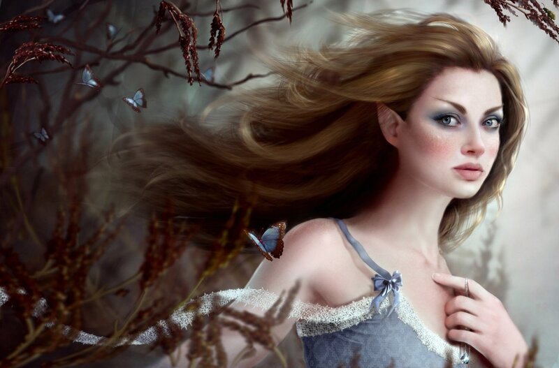 woman with butterflies in forest