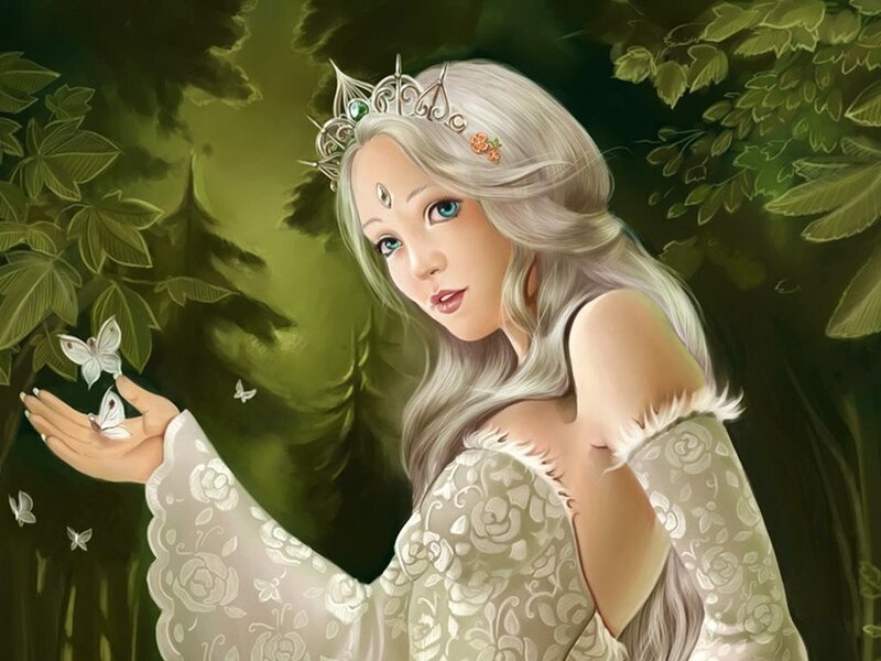 woman with butterflies in forest