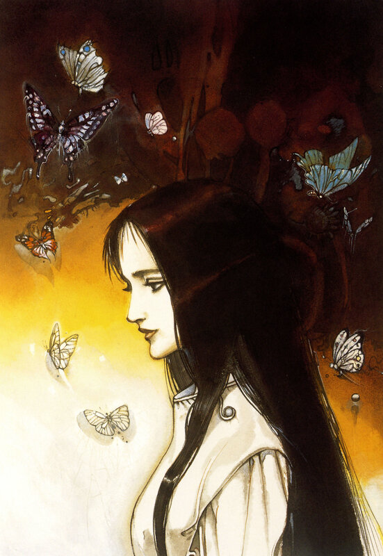 woman with butterflies in forest