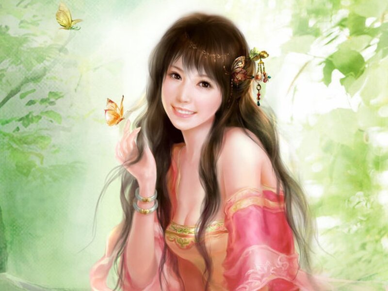 woman with butterflies in garden