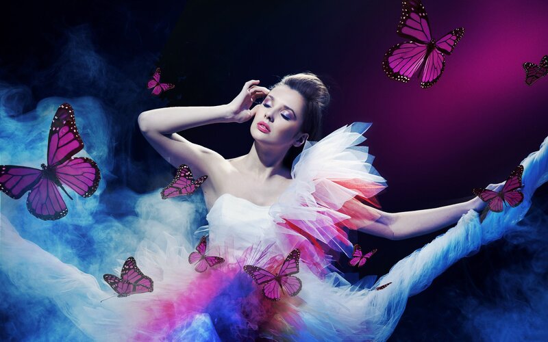 woman with butterflies in smoke