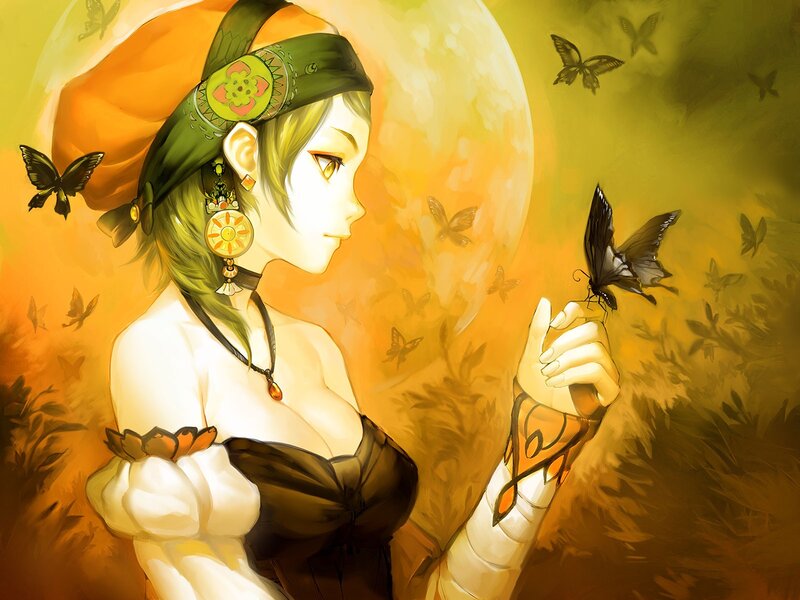 Woman with butterflies in sunset